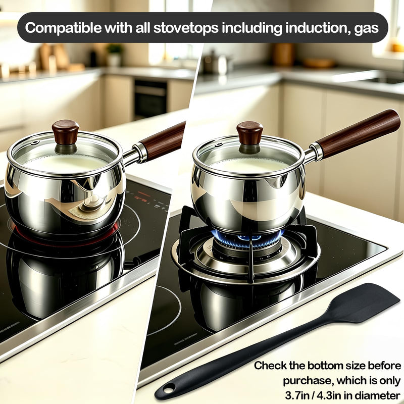 40oz Stainless Steel Milk Butter Warmer Pot with Glass Lid, Saucepan with Pour Spout, Milk Pot with Silicone scraper for Melting Butter, Warming Sauces, Heating Milk 1.2 Quarts-with Lid
