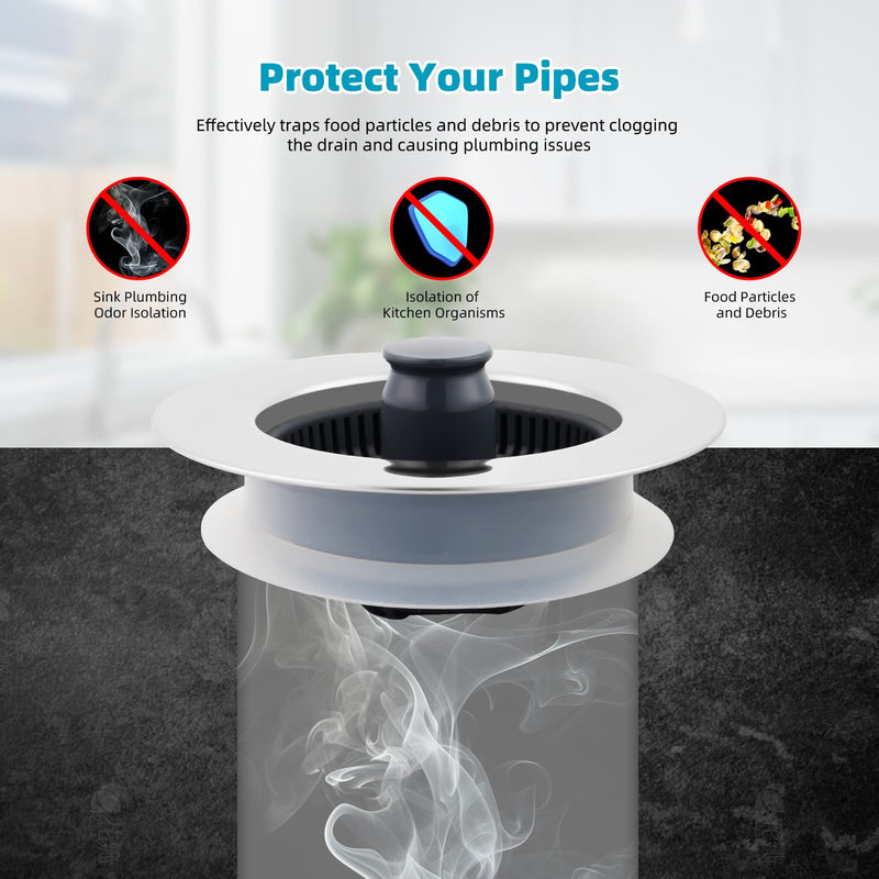 Hibbent 3 in 1 Kitchen Sink Drain Strainer, Stainless Steel Wrapped Shell Drain Stopper Combo, Pop Up Sink Stopper, Anti-Clogging Basket Strainer with Handle for US Standard 3-1/2" Drain Flat Round Handle with 1 Strainer