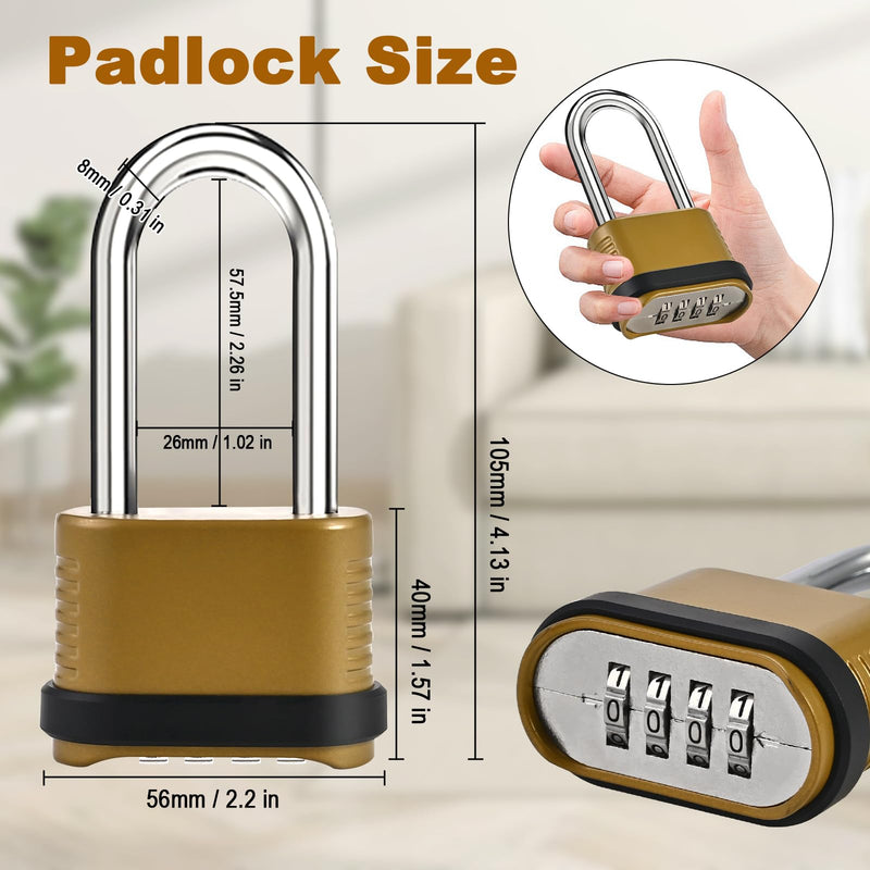 4 Digit Heavy Duty Combination Lock - 105mm Long Shackle Weatherproof Combination Padlock, Outdoor Combo Lock for Storage Units, Gym Lockers, Fence Gates & Shed Doors - Golden (2pcs, Long Shackle) 2pcs Long Shackle