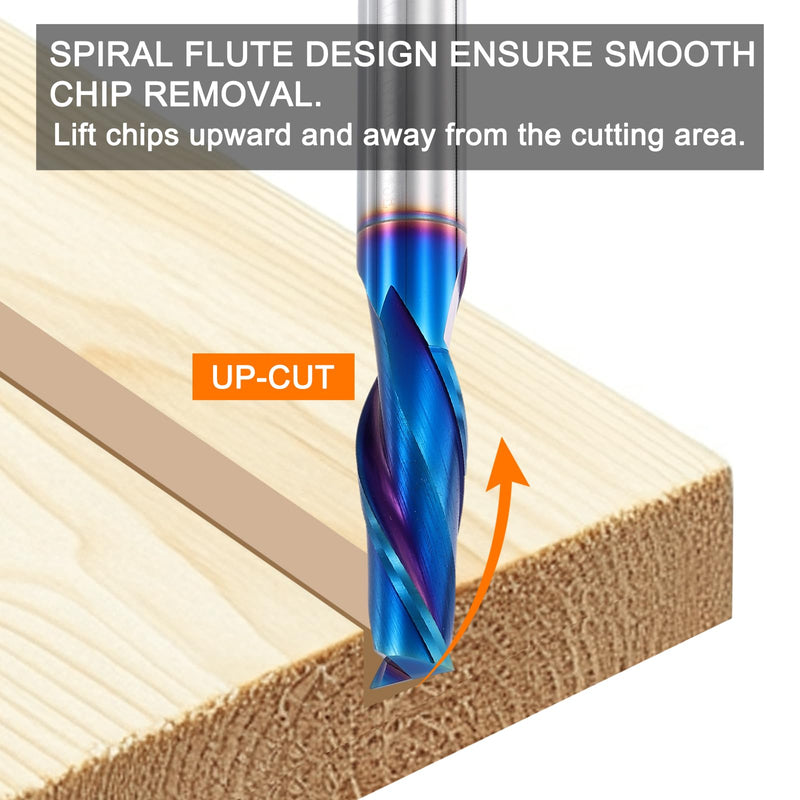 HARFINGTON Spiral Router Bit, 7/16" Cut Dia. Up Cut 2-Flute Solid Carbide End Mill with 7/16" Shank for CNC Wood Carving Engraving, 1-1/4" Cut Length, Blue Nano Coated 7/16" x 1-1/4" x 7/16" x 3"