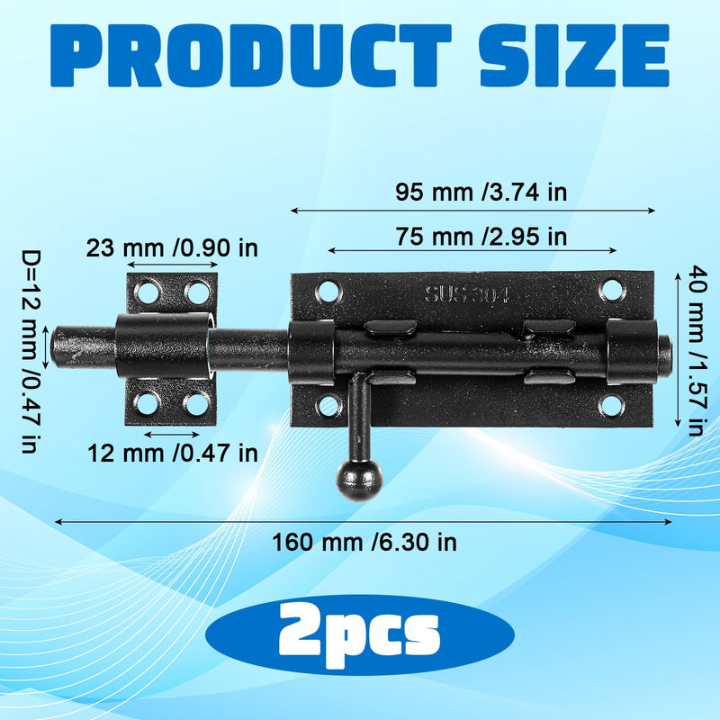 2 Pcs Slide Lock, 304 Stainless Steel Gate Latch, Slide Bolt Latch,Thickened Heavy Door Latch Lock, 6 Inch Black Barrel Bolt Latch, Security Slide Latch Lock