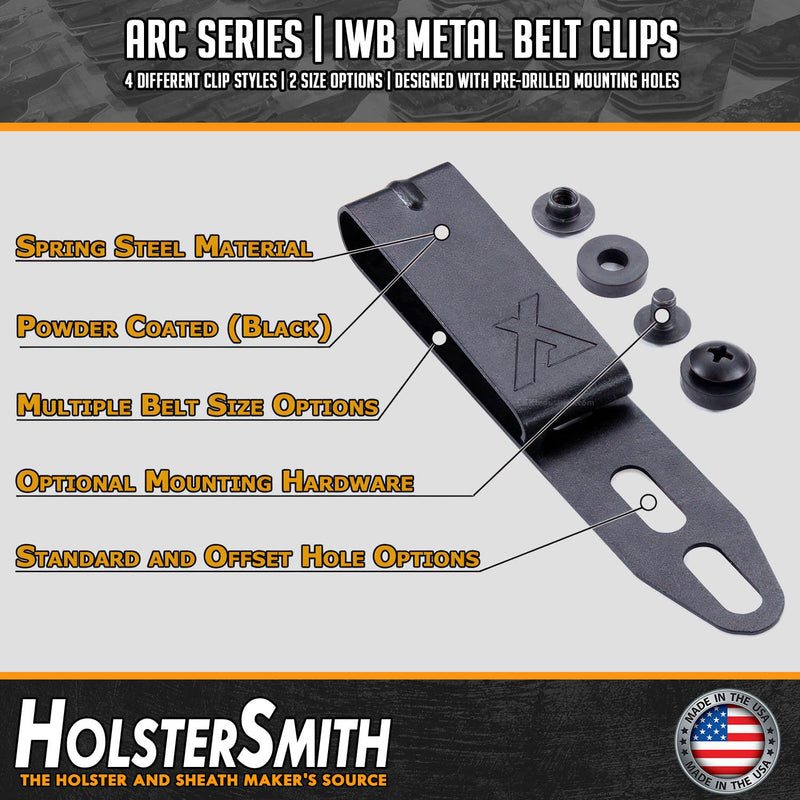 HolsterSmith Universal Metal Belt Clips for Holster Making - (ARC Series) - (Powder Coated Finish) - (Tactical Black) - (Fits Belt Sizes 1.50 & 1.75 Inches) (1.50 Inch) - (1 Pack) ARC 1 - (w/Mounting Hardware)