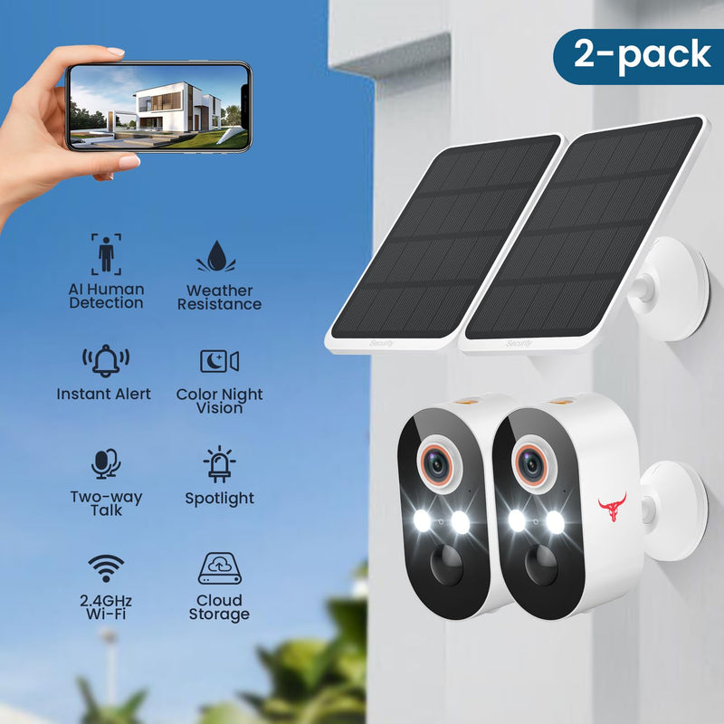 1080p Wireless Security Camera with Solar Panel, AI Human Detection, 2-Way Talk, Night Vision, Cloud Storage (Sold Separately), Battery Included, Home Security, 2.4GHz WiFi Only (2 Pack) 2 pack