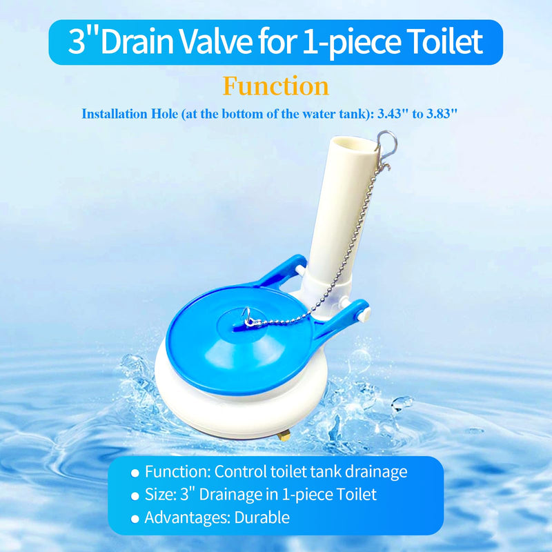 Toilet Flush Valve Assembly for One-Piece Toilets with Flapper and Chain 3-Inch Replacement Parts, Repair Kit, Easy Install. 1 piece