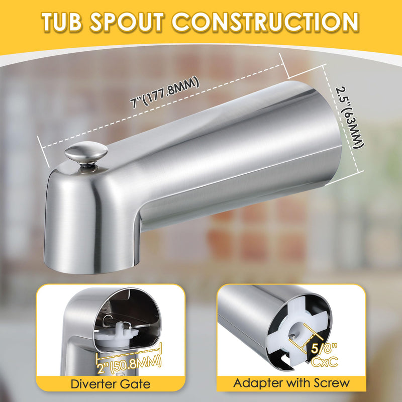 Enhon 7 Inch Slip on Tub Spout with Diverter, Compatible with Moen 3839/Moen 3853 Tub Spout, Bathtub Diverter Spout Fits 1/2" Copper Water Tube(5/8" Diameter), 5/32" Hex Wrench(Brushed Nickel) Brushed Nickel