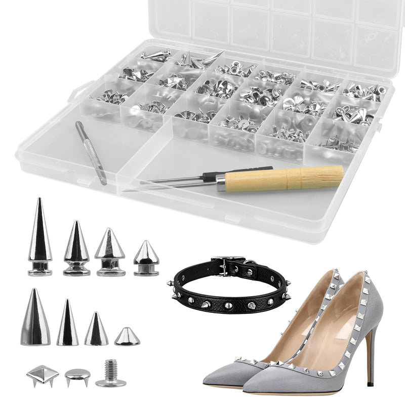 455Pcs Punk Studs for Clothing, 11 Size Metal Spikes and Studs Leather Rivets for Craft, Square Pyramid Studs Round Dome Rivets DIY Punk Style Decoration for Clothes Shoes Belts