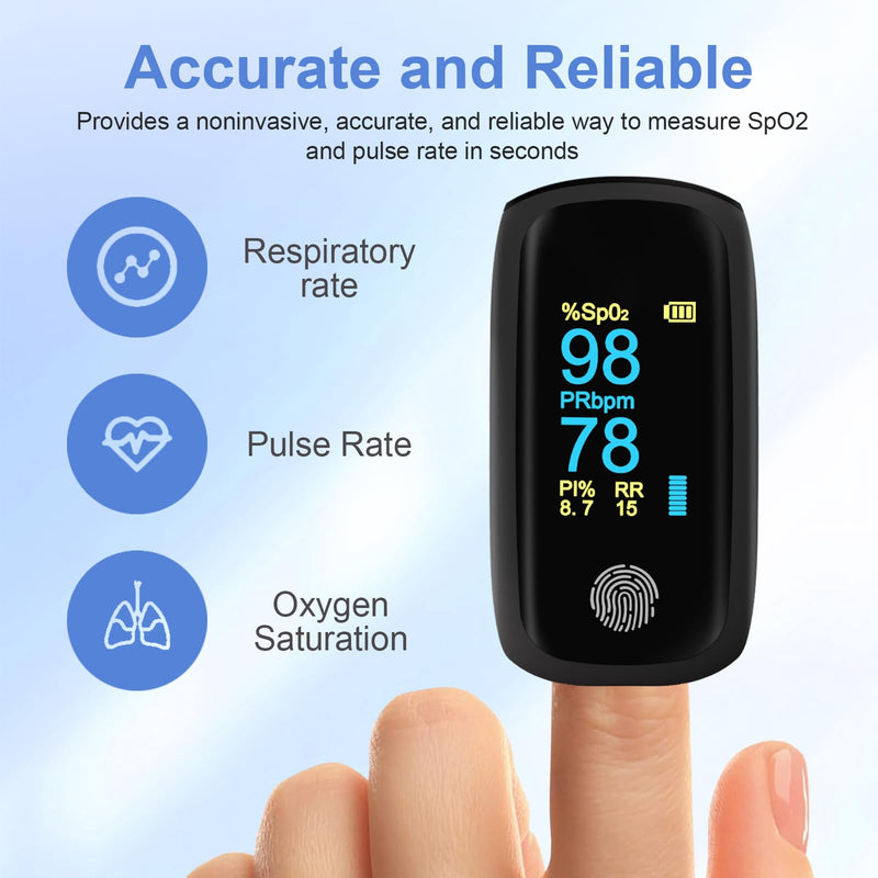 Rechargeable pulse oximeter with respiration, with O2 Pulse Rate PI RR Respiratory Accurate Reliable Oximeter SpO2 Reading Not for medical use Black