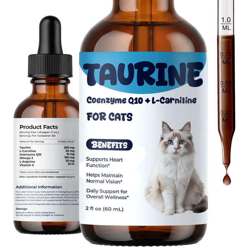 Taurine Supplement for Cats Liquid Drops, Cat Taurine with Coenzyme Q10 & L-Carnitine, Supports Heart Function, Vision & Daily Energy, Helps Maintain Consistent Taurine Intake (60 ml (Pack of 1)) 60 ml (Pack of 1)