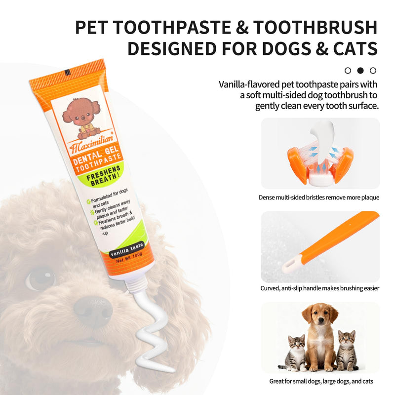 Dog & Cat Toothpaste Kit with Toothbrush & Finger Brush – 100g Vanilla Flavor Pet Toothpaste – Helps Reduce Plaque, Freshen Breath & Support Healthy Gums – Puppy & Adult Pet Dental Care