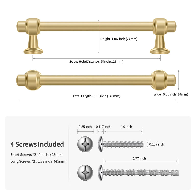 10 Pack 5 Inch(128mm) Hole Center Brushed Gold Modern Cabinet Pulls Kitchen Cabinet Handles Kitchen Cabinet Hardware Timeless Drawer Vanity Pulls, B-Gold(5x10) 5 Inch Hole Center 10