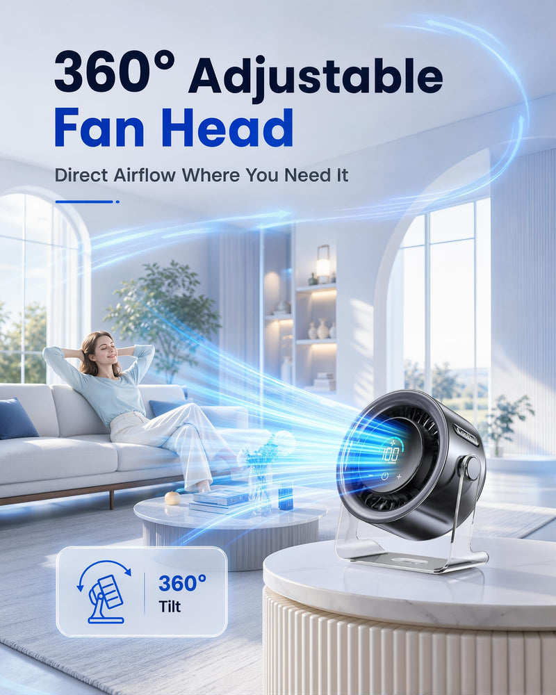USB Desk Fan for Bedroom: 100 Speeds Digital Display Quiet Portable Fan with Turbo Airflow, 120° Rotating Small Rechargeable Battery Desktop & Wall-Mounted Fans for Bedroom Home Office (Black) Black