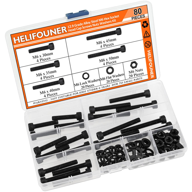 80 Pieces M6 x 30mm /35mm /40mm /45mm /50mm, Hex Socket Head Cap Metric Screws Bolts Washers Nuts Kit, 12.9 Grade Alloy Steel, Fully Threaded, Black M6 x 30/35/40/45/50mm