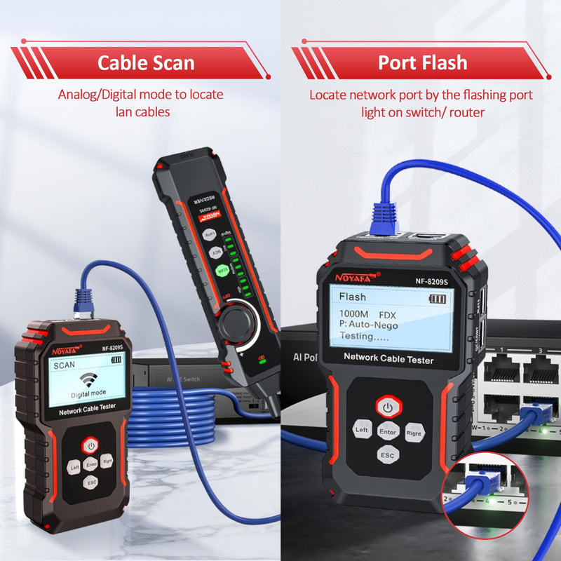Network Cable Tester NF-8209S, Wire Tracer with PoE and NCV, Cable Length QC SCAN Cont Flash Tester, LAN/Ethernet Tester for CAT5, CAT6, Lithium Battery, LED Lighting NF8209S