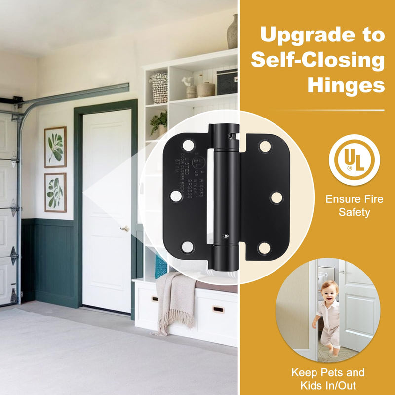 2 Pack | Self Closing Door Hinges 3.5”×3.5”, HBL' Automatic Door Closer Hinges with 5/8" Radius Corners, Adjustable Spring Door Hinge for Home, Garage & Basement Doors. ‎3.5" x 3.5" Black 2