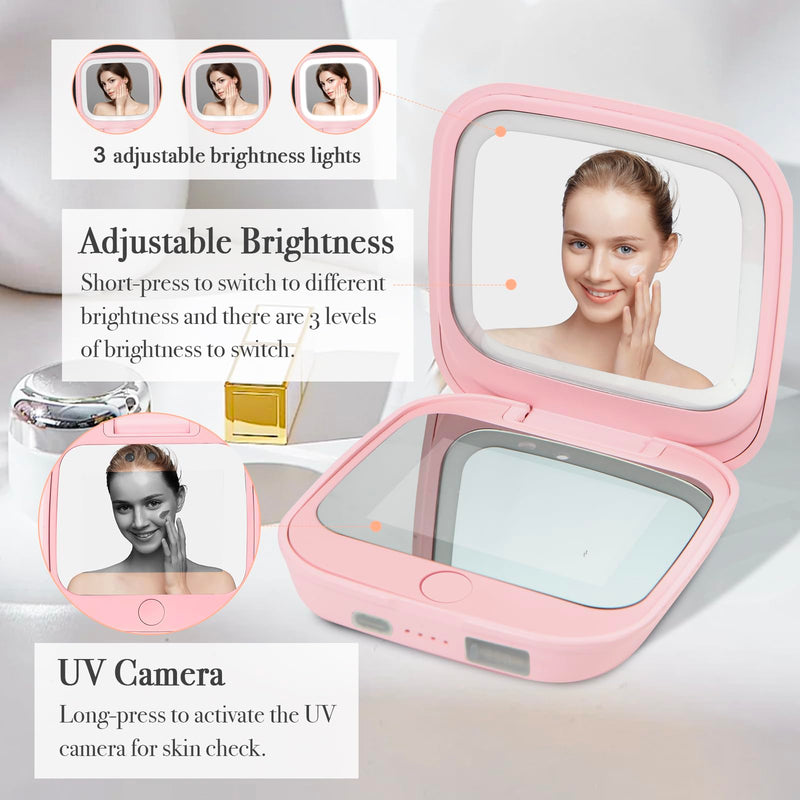 UV Camera Mirror for Sunscreen Test & SPF Detection, 1x/2x Magnifying Travel Mirror with Dimmable LED Lights, Handheld 2-Sided Portable Makeup Mirror for Handbag/Pocket,Pink Pink