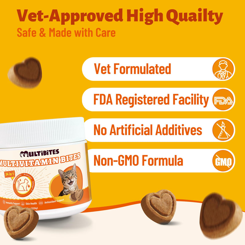24-in-1 Vitamins Supplements and Taurine for Cats with CoQ10, Lysine, Glucosamine, Omega 3 - Cat Vitamins for Indoor Cats for Heart Health, Immunity Support, Shiny Skin&Coat- 330 Bites 7.76oz