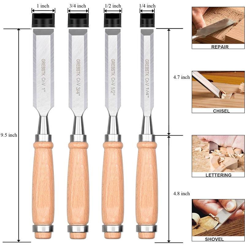 GREBSTK 9.5in Wood Chisel Set for Woodworking, 4pcs Chrome Vanadium Steel Bevel-Edge Bench Chisels with Cap, Comfortable Beech High Impact Handle 2#chisel