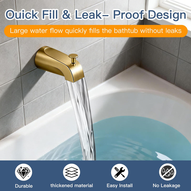 Bathtub Spout with Diverter, All Metal,5.3 Inch Tub Spout, Fits 1/2" Copper Slip-On and 1/2" or 3/4" IPS Threaded Pipes, Leak-Free, Slip Fit Tub Spout with Pull-Up Diverter，Brushed Gold Brushed Gold
