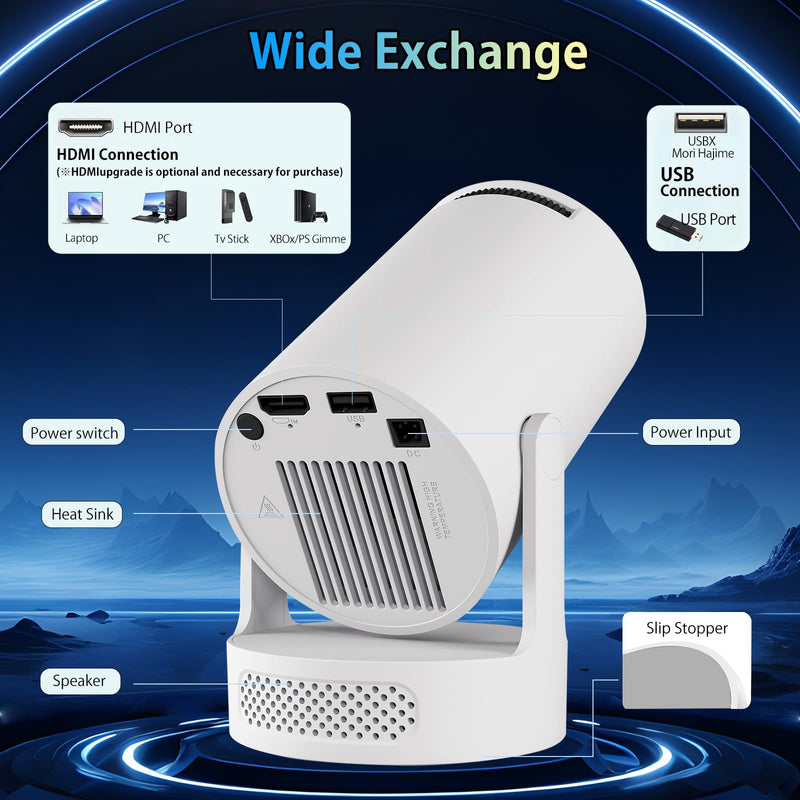 Mini Projector 4K support with Dual-Band WIFI6 5G Wireless 5.4 Bluetooth Android 11, Soundbase Speaker, Auto Vertical Keystone 180°Rotatable Portable Projector for Home Bedroom Outdoor White