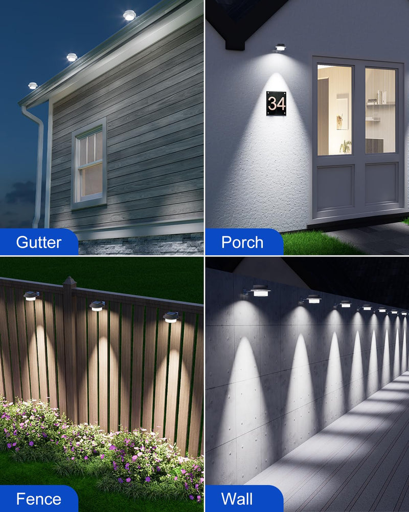 8 Pack White Solar Powered Gutter Lights Outdoor Decorative Waterproof Led Fence Lamp for Lighting Railing, Outside Wall, Deck, Garden, Path, Backyard, Sidewalk, Yard, Patio, No Drilling Installation 8 Pack