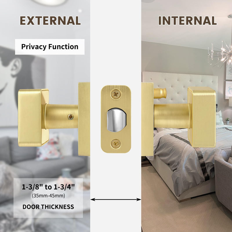 Gold Door Knobs Interior, Satin Brass Privacy Bedroom Interior Door Knob with Lock, Modern Square Brushed Brass Door Handle for Bathroom, Heavy Duty