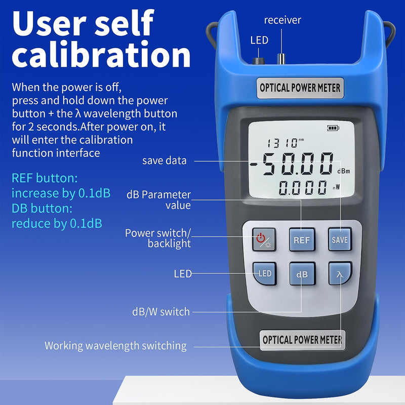 2-Piece Rechargeable high-Precision Optical Power Meter A-C510A (-50~+26dBm) Fiber Tester & Fiber Optic Test Pen 15,Suitable for SC/FC/ST/LC Interface, with 1 FC-LC Adapter