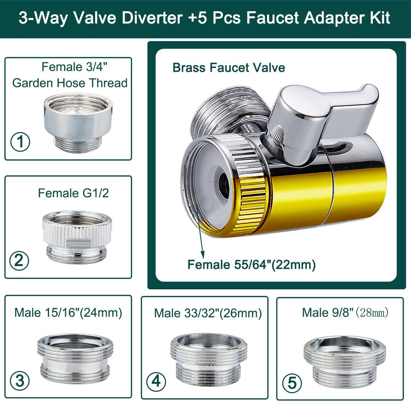 Kitchen Faucet Sink Sprayer Attachment Set,3 Modes Sink Sprayer Replacement Head with Stainless Steel Hose,Faucet Aerator and Brass Diverter Valve (5 pcs Adapter) for Washing Fruit,Dishes and Hair1 With Silver Hose