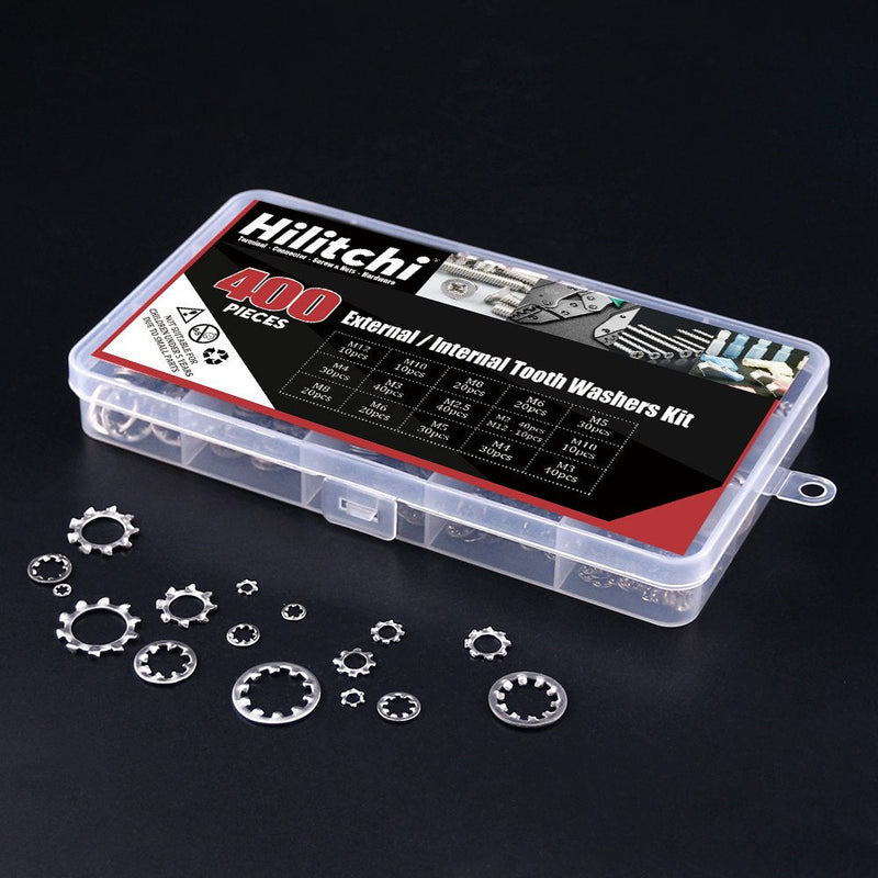 Hilitchi 400-Pcs [8-Size] 304 Stainless Steel External Internal Tooth Star Lock Washers Assortment Kit - Included: M2 M3 M4 M5 M6 M8 M10 M12 Internal + External