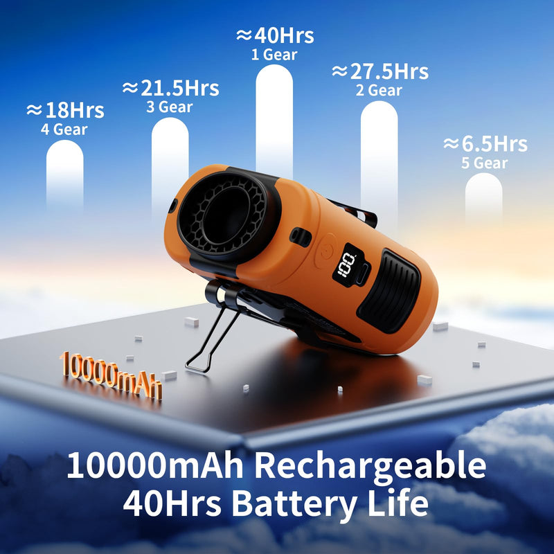 Socool 10000mAh Portable Waist Fan Clip on Wearable Belt Personal Fan Rechargeable Battery Operated with 5 Speeds & Flashlight Neck Hands-Free 40H Cooling for Outdoor Travel Power Bank (Orange) Orange