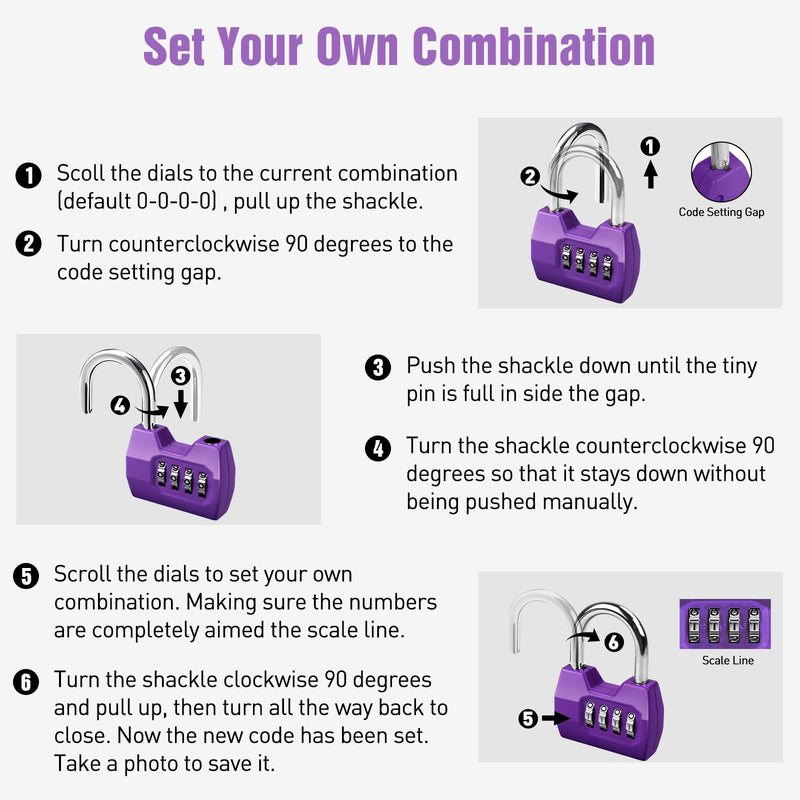 1 Pack disecu 4-Digit Combination Locker Lock, Wide Shackle Waterproof Outdoor Padlock for School Gym Locker, Sports Locker, Fence, Gate, Shed, Storage Unit (Purple) 1 Pack Purple