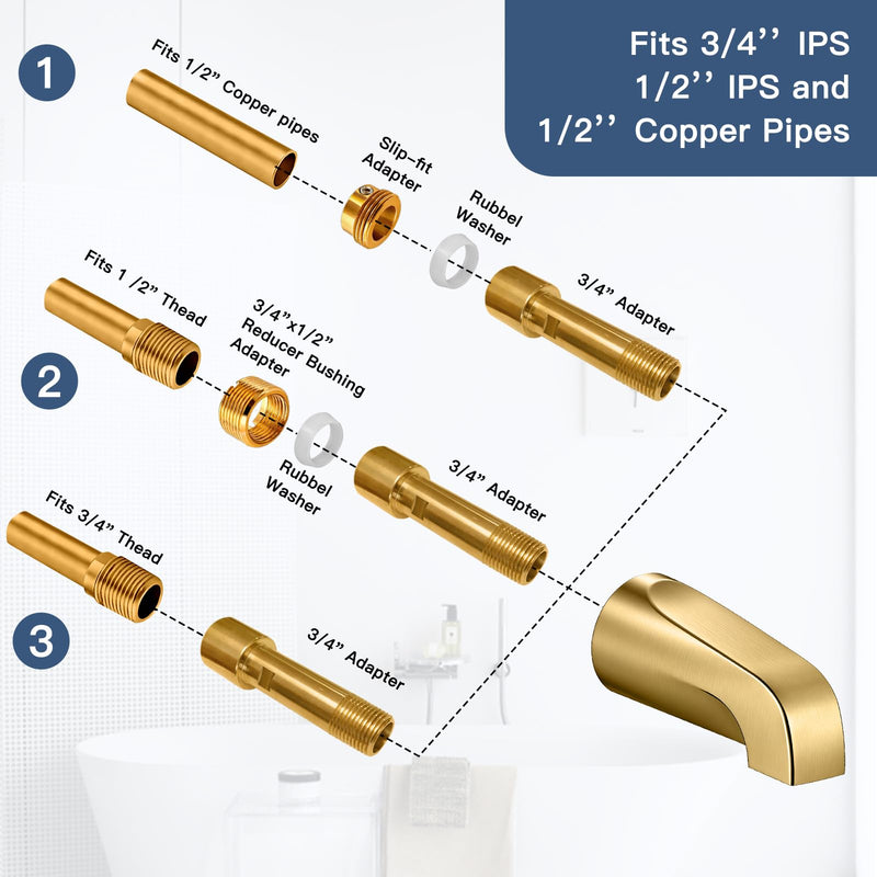 Brushed Gold Bathtub Spout Without Diverter, All Metal,5.3 Inch Tub Spout, Fits 1/2" Copper Slip-On and 1/2" or 3/4" IPS Threaded Pipes, Leak-Free, Slip Fit Tub Spout Without Diverter Brushed Gold