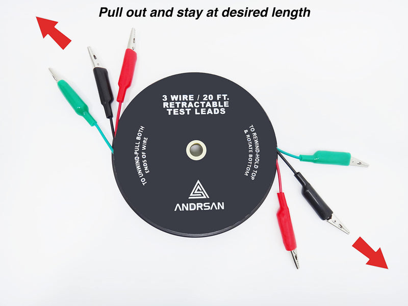 CALHAWK 3 Wire 20' Retractable Test Leads 18 Gauge Aligator Clips in Reel