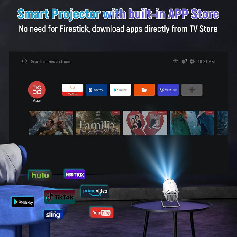 Mini Projector, Projector with WiFi and Bluetooth, 4K 1080P Support Portable Projector 180° Rotatable 130'' Screen Movie Projector Auto Keystone Compatible with HDMI/USB/TV Stick/Smartphone/Laptop White