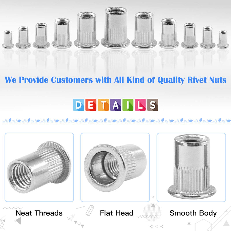 Glarks 50Pcs #10-24 UNC 304 Stainless Steel Rivet Nuts Flat Head Threaded Insert Nutserts Rivnuts Set