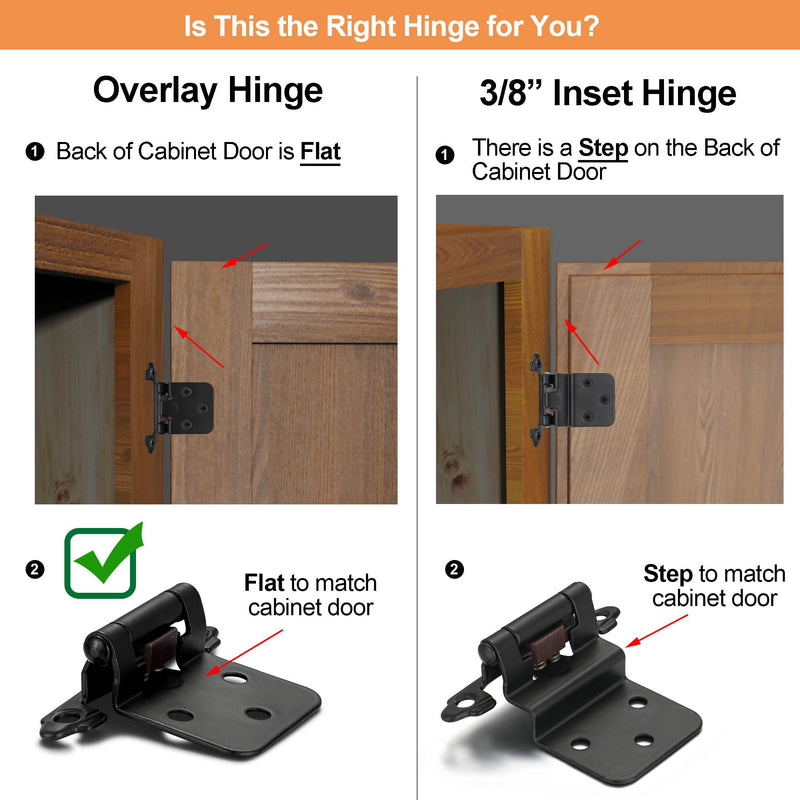 4 Pack (2 Pair) Matte Black Self Closing Cabinet Hinges for Flush Mount Kitchen Cabinet Door, 1/2" Overlay (Variable) Face Frame Semi Concealed Kitchen Cabinet Hinges