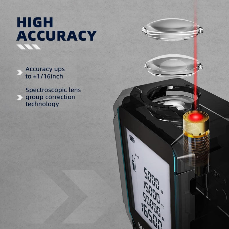 Laser Measure 165ft 330ft DT50 DT100 Gen-2 Laser Distance Meter 50M Portable Handle Digital Measure Tool Range Finder Larger Backlit LCD 4 Line Display IP54 Shockproof DT50 GEN-2