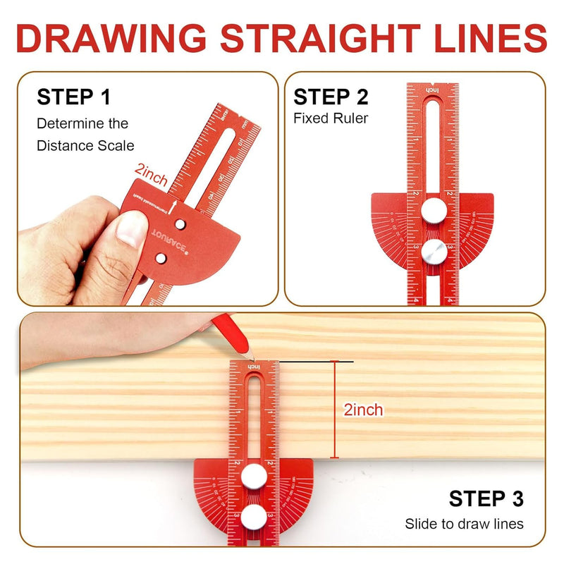 Woodworking Ruler, Adjustable Mark Angle & Straight line Scribe, Precision Pocket Ruler Metal Metric & Inch Portable Slide Rule Woodworking Tool T Square with Protractor Angle Finder (red in 3pcs)