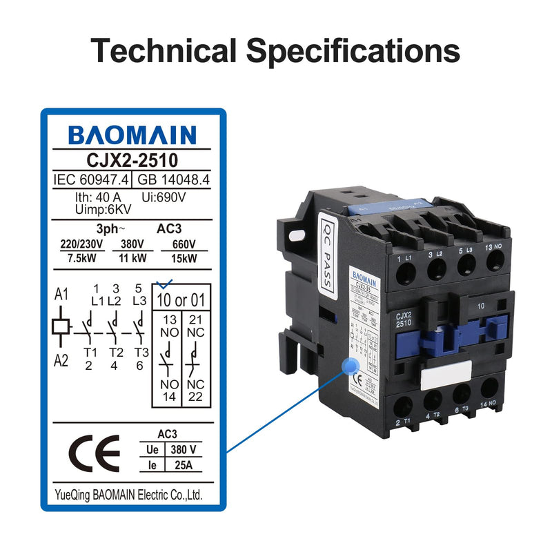 Baomain 3-Pole AC Contactor CJX2-2510 – 110VAC Coil, 3NO+1NO Auxiliary, 660V 3-Phase, DIN Rail Mount,for Motor Starters, Pumps, and Industrial Control Panels 1 AC 110V