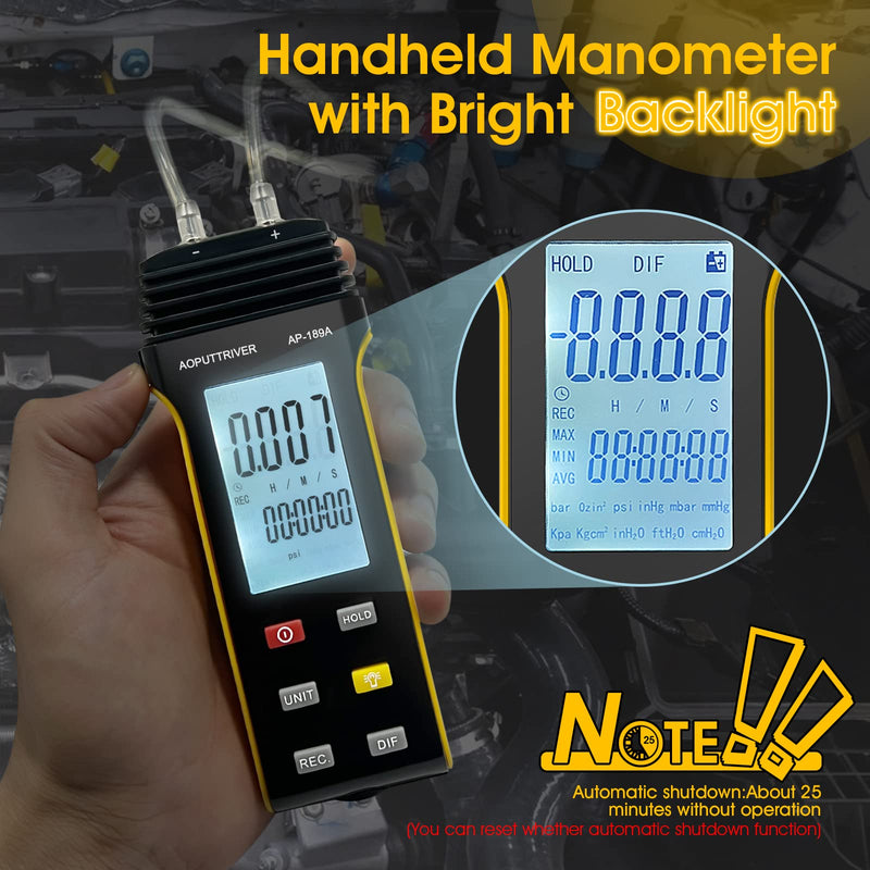 Manometer, AP-189A Professional Gas Pressure Tester, Dual-Port Manometer Air Pressure Meter, 11 Selectable Units Differential Pressure Gauge, HVAC Digital Manometer with Backlight Data Record AP-189A（6Psi）