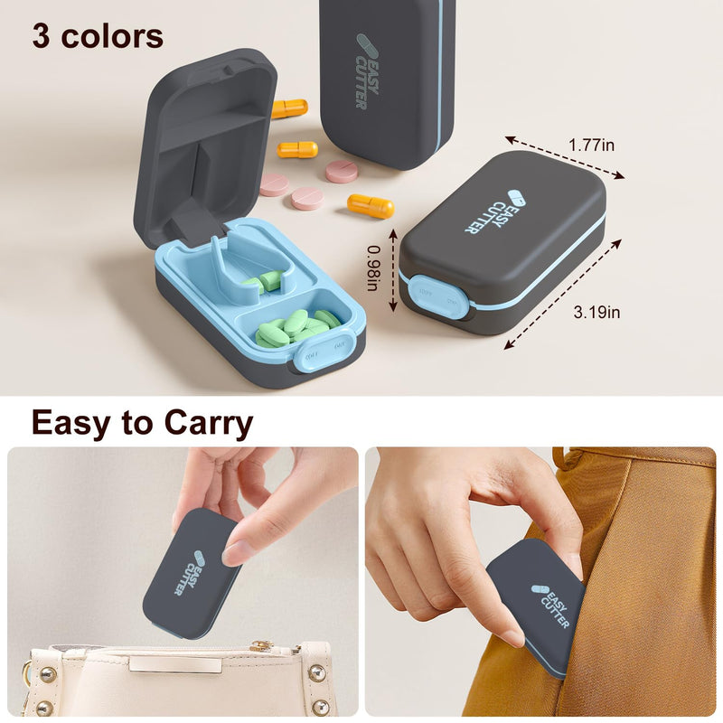 Pill Cutter | Best Cutter for Small or Large Pills |with Safety Lock Buckle Design in The USA| Cuts Vitamins | Pill Splitter Detachable Silicone pad Easy to wash with Crystal Pill Box (Grey) Azure