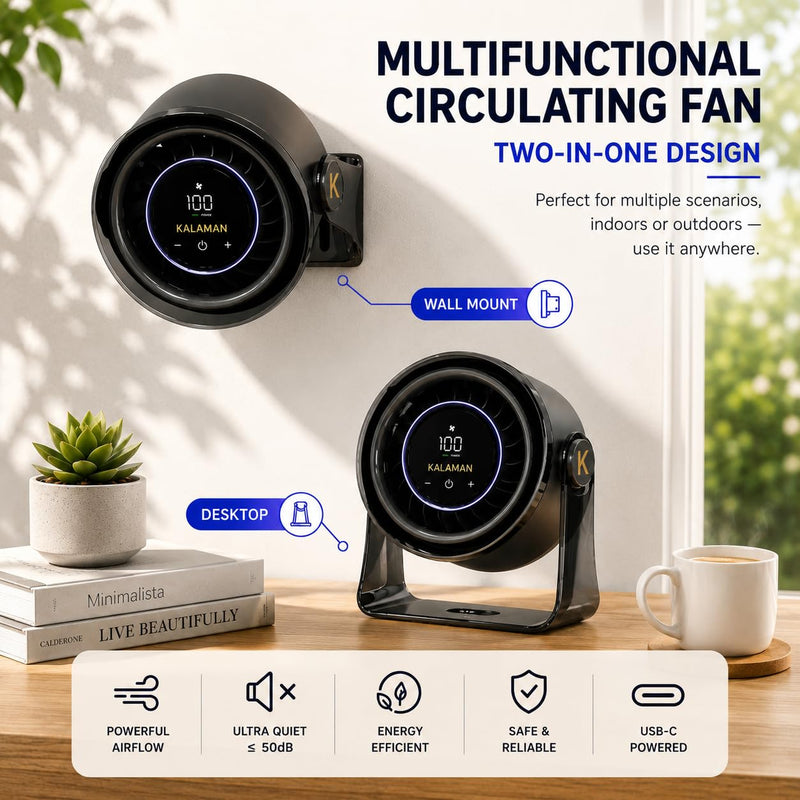 KALAMAN Desk Fan, 4000mAh Quiet Table Fan with Turbo Airflow, 6-Gear Speed Digital Display & 30° Adjustable Tilt, Rechargeable Battery Portable Fan for Home, Office, Travel (Black K4) Black K4