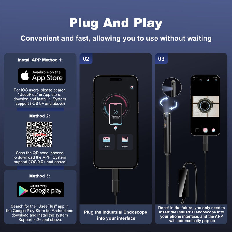 Dual Lens Industrial Endoscope, 1920p Borescope Camera with 8+1 Adjustable Led Light, Endoscope with 16.5ft Semi-Rigid Cable Snake Camera/ 7.9mm Ip67 Waterproof Camera for iPhone, Ipad, Samsung Black