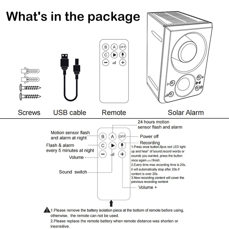 Solar Outdoor Motion Sensor Alarm - Dog Barking & Gunshot Sound 130db Motion Detector Alarm Light,with Remote Controller for Home, Villa,Yard,Chicken coop,Farm,Barn