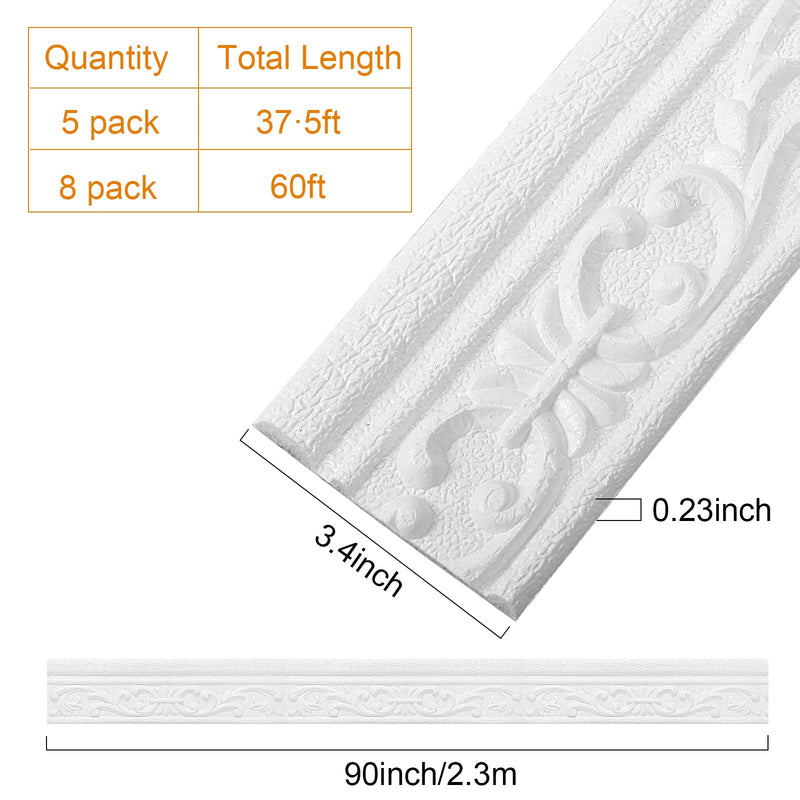 TaoBary 8 Roll 90 x 3 Inch Self Adhesive Flexible Foam Molding Trim Wallpaper Border 3D Sticky Decorative Wall Lines Peel and Stick Trim Wall Trim Baseboard Trim for Hotel Home DIY Decoration