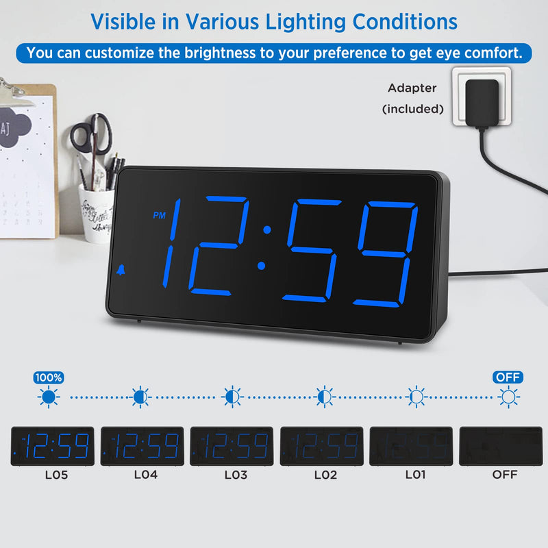 Peakeep Digital Alarm Clock for Bedroom Bedside, Loud Alarm Clock for Heavy Sleepers, Large Big LED Numbers for Seniors, Battery Backup Plug in Electric Clock with USB Charger (Blue) Blue