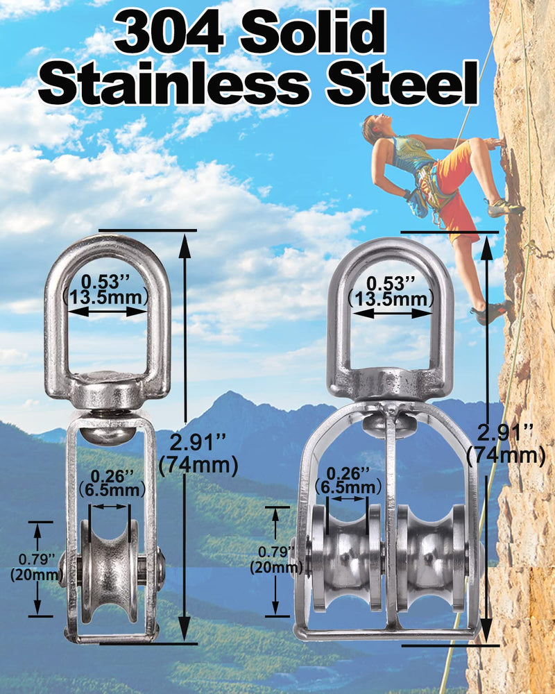 Rocaris 4 Pack M20 Pulley Block, 2 Pcs Single Pulley & 2 Pcs Double Pulley 304 Stainless Steel Wire Rope Lifting Swivel Hook 2 Pack Single & 2 Pack Double