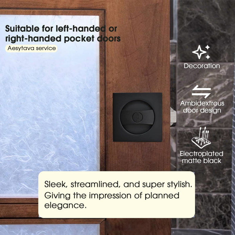 Black Pocket Door Hardware, 2 3/8" Backset, Matte Black Pocket Door Lock for Bathroom, Heavy Duty Solid Square Pocket Door Hardware(2 Pack) 2 Pack 2 3/8"