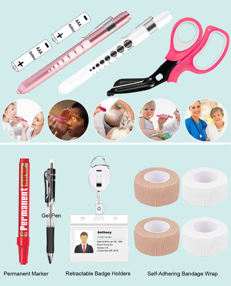 MEUUT 15 pcs Stethoscope Case Kit, Perfect Nurse Gift Include Stethoscope Case, Medical Scissors, Penlights with Batteries, Bandage Wraps, Badge Holders for Nurse Accessories for Work Raspberry