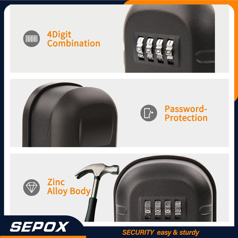 SEPOX Metal Key Lock Box with 4-Digit Combination, Waterproof Wall Mount Key Safe, 50 Cubic Inches Large Capacity Key Storage for Home, Office, Outdoor 1 Pack Large 4-Digit