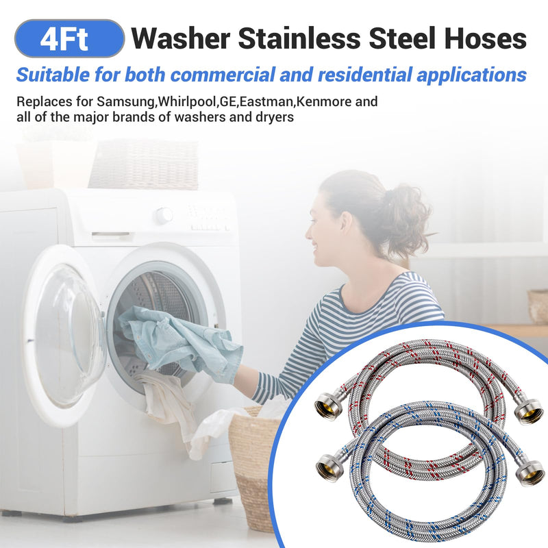4 Ft Washing Machine Hoses, Premium Stainless Steel Washer Hoses Burst Proof 2 Packs, Hot and Cold Striped Water Supply Hoses for ALL Washing Machine